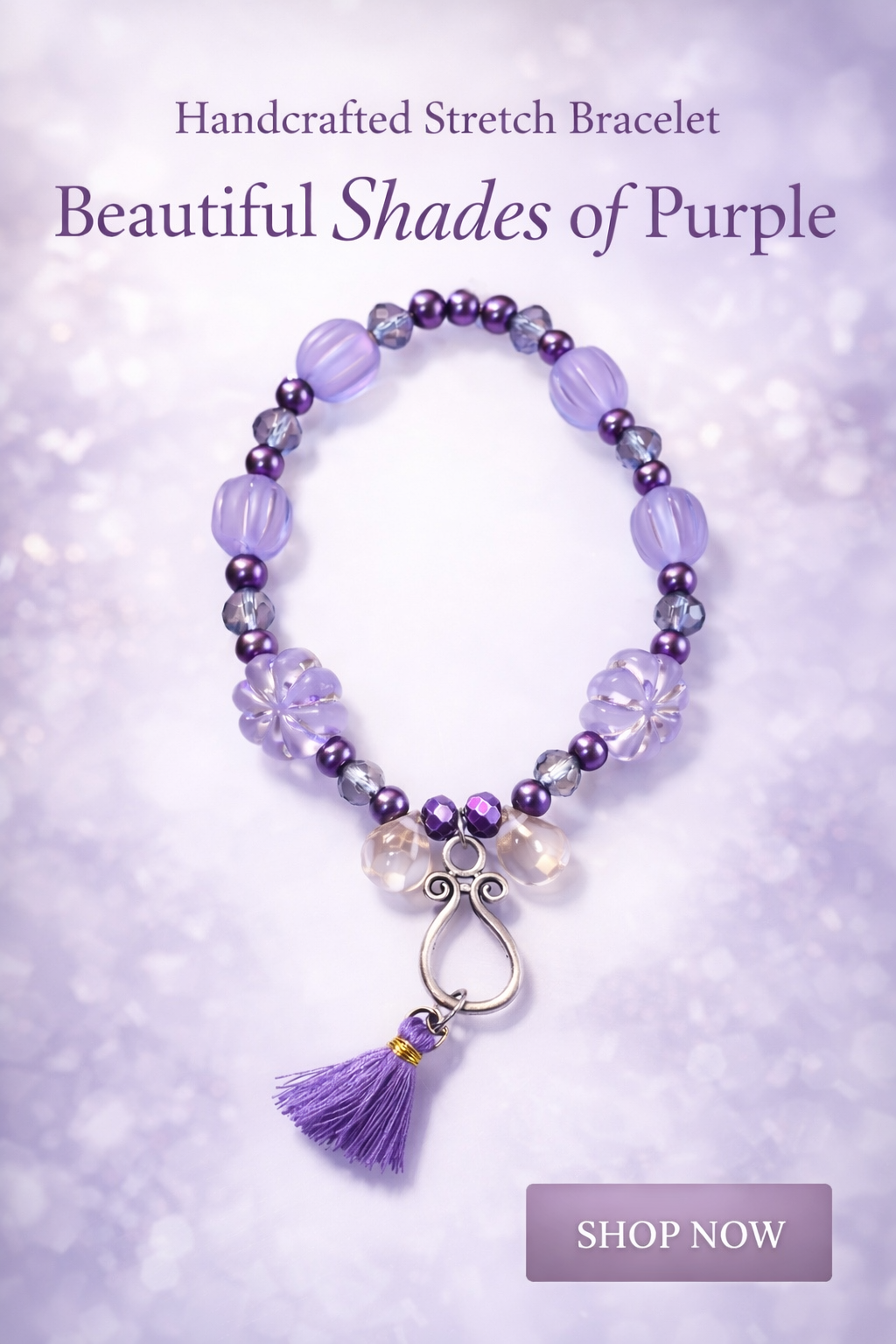 Beautiful Shades of Purple Floral Tassel Stretch Bracelet