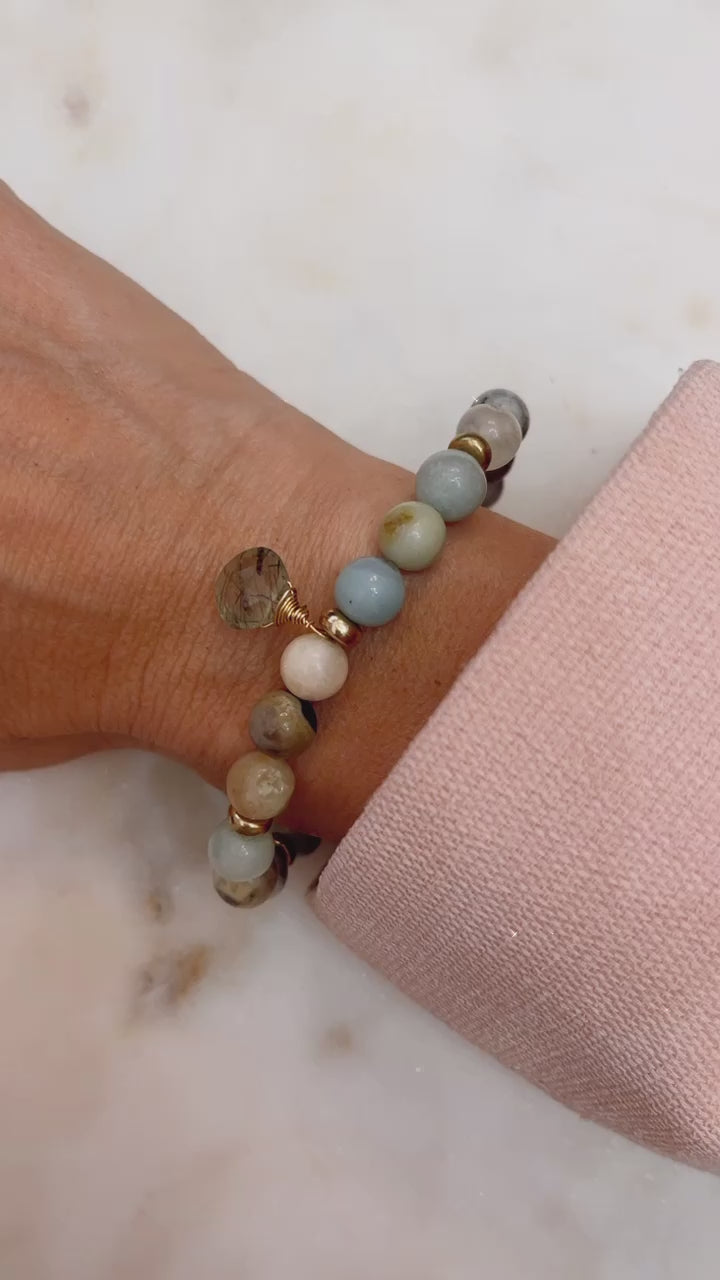 Amazonite Stretch Bracelet with Hand-Wrapped Green Rutilated Quartz in Gold